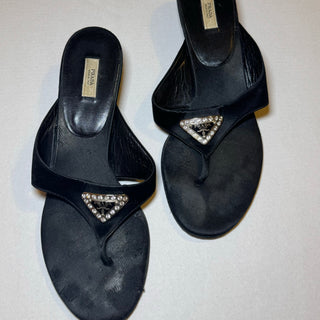 Prada: Vintage Black Flip-Flop Embellished Logo Kitten Heels