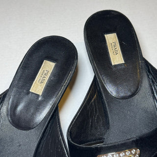 Prada: Vintage Black Flip-Flop Embellished Logo Kitten Heels