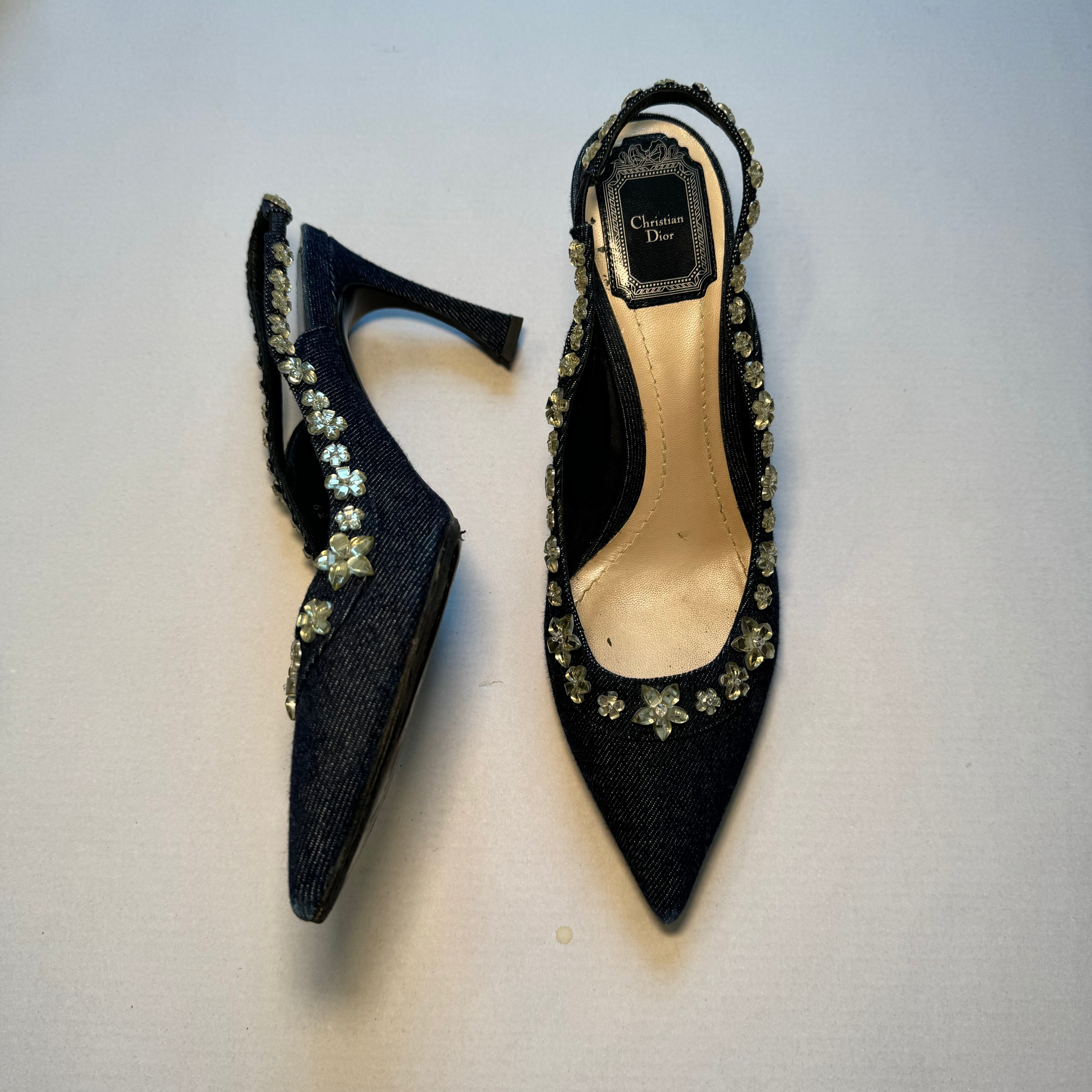 Dior Vintage Denim Crystal Flower Heels 39 7 DRAWERS