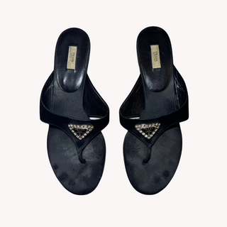 Prada: Vintage Black Flip-Flop Embellished Logo Kitten Heels